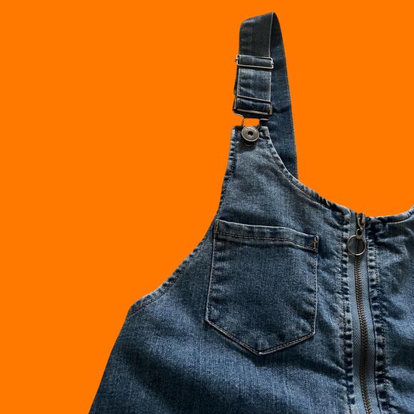 00's vintage stretch denim y2k overall bodycon mini dress MEDIUM rue 21 - Picture 3 of 6